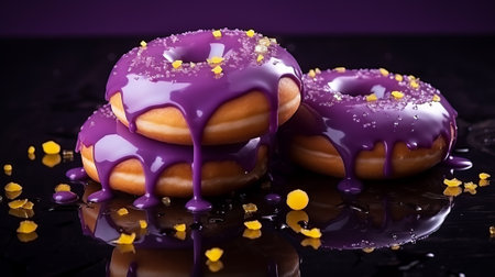 Glazed donuts with purple glaze on a black background.の素材
