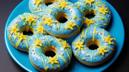 Blue glazed donuts with yellow stars and sprinkles on a blue plateの素材