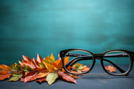 Eyeglasses with autumn leaves on blue background. Selective focus.の素材
