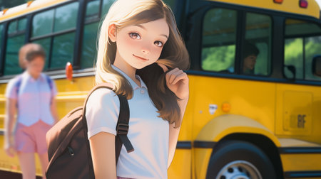 portrait of smiling schoolgirl standing near school bus on sunny dayの素材