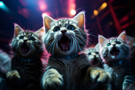 Group of three kittens in front of a stage with lights and smokeの素材
