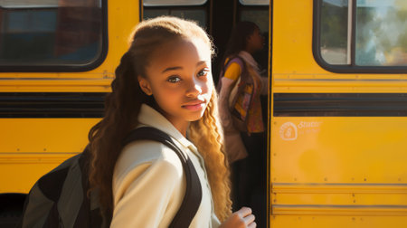 beautiful african american schoolgirl with backpack standing near school busの素材