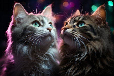 Two cats in love on a dark background with bokeh.の素材