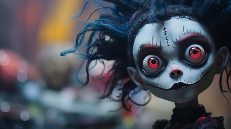 Creepy Halloween pumpkin doll with red eyes and long black hairの素材