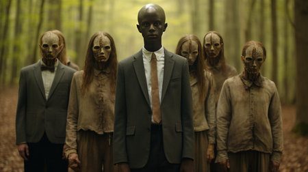 Group of zombies in the forest. Conceptual image of Halloween.の素材