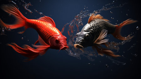 3D Illustration of a Red Gold Fish Splashing in Waterの素材