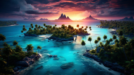 Beautiful seascape. Panoramic view of paradise island with palm trees.の素材