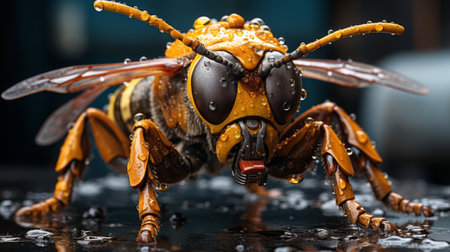 Macro image of a bee with water droplets on its bodyの素材