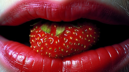 Close-up of female mouth with red lipstick and strawberry fruit.の素材