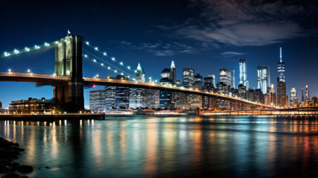 Night view of Brooklyn Bridge and Manhattan Skyline, New York Cityの素材