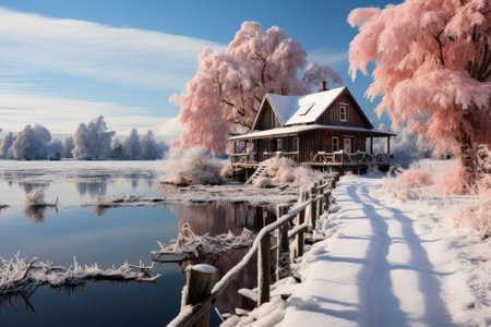 Winter landscape with old wooden house on the bank of the river.の素材