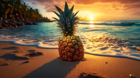Pineapple on the beach at sunset. Tropical vacation concept.の素材