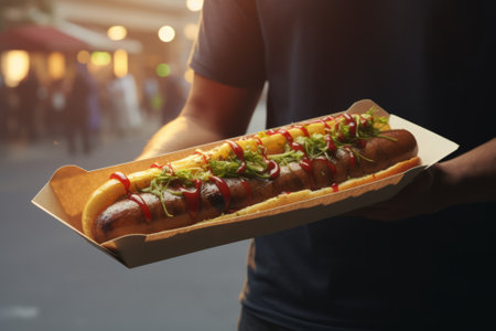 Man holding a hot dog on the street. Fast food concept.の素材