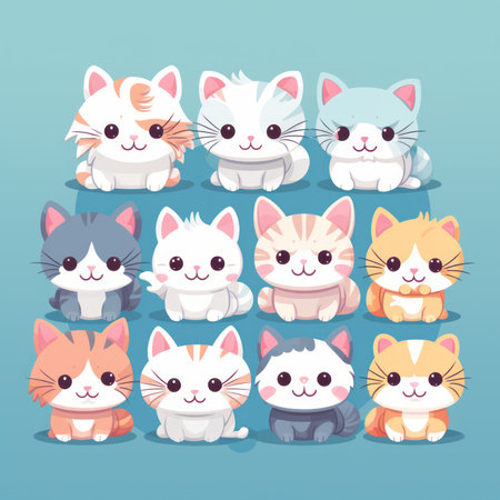 Cute cartoon cats set. Vector illustration of cute kawaii kittens.の素材