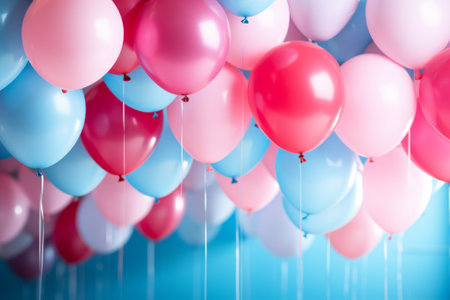Colorful balloons on blue background. Party decoration and celebration concept.の素材
