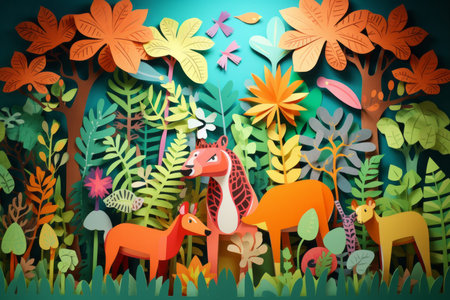 Cute cartoon animals in the jungle. Paper cut style. Vector illustration.の素材