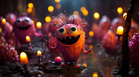 Funny Halloween monster with candles on dark background. Halloween concept.の素材