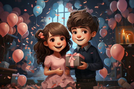 Cute little boy and girl holding gift box and looking at camera while standing near the window in the room decorated with balloonsの素材