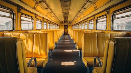 Interior of a train carriage with yellow seats, vintage tonedの素材