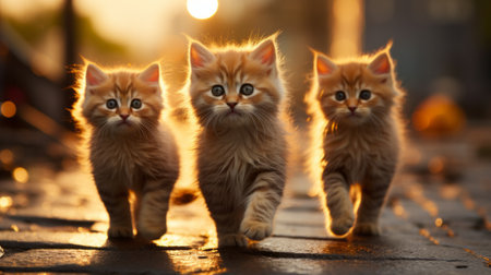 Cute little kittens walking on the street in the evening light.の素材