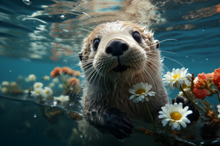 Cute sea otter swimming in the water with flowers in aquariumの素材