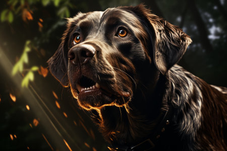 Portrait of a dog on a dark background in the forest.の素材