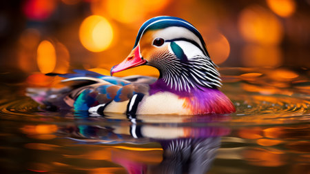 Mandarin duck on the water in front of bokeh backgroundの素材