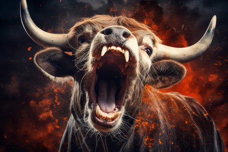 Portrait of angry cow on fire background. Concept of anger and aggression.の素材