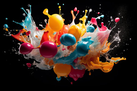 Colorful paint splashes isolated on black background. 3d renderingの素材