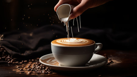 Coffee latte art on a wooden table with coffee beansの素材