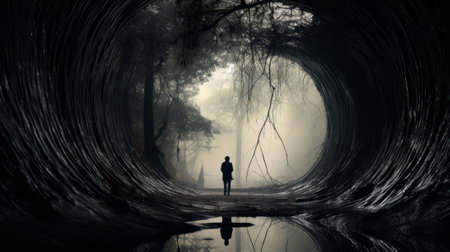 Man standing in a dark tunnel in a foggy forest 3D renderingの素材