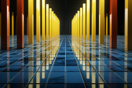 3D rendering of a futuristic corridor in a dark room with glowing lightsの素材