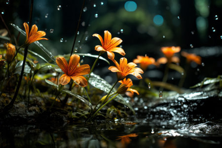 Orange flowers with water drops on a dark background. Beautiful nature background.の素材