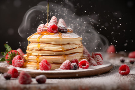 Pancakes with raspberries and honey on a black backgroundの素材