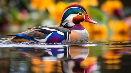Mandarin duck in a pond with colorful flowers in the background.の素材