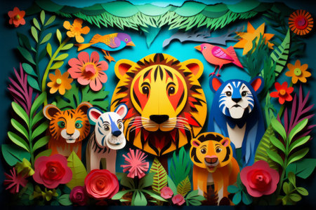 Paper cut of tiger family on colorful background. Paper art style.の素材