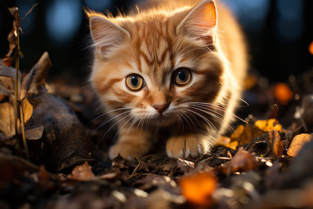 Cute ginger kitten in autumn forest. Selective focus on eyesの素材