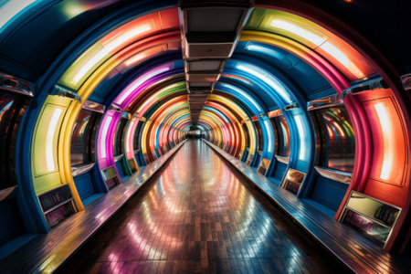 Interior of a futuristic corridor with colorful lights, toned imageの素材