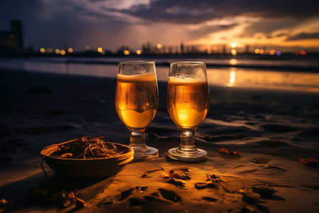 Two glasses of beer on the beach with sunset in the background.の素材