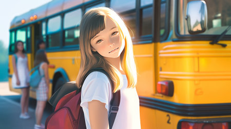 Schoolgirl with backpack standing in front of school bus. Back to school concept.の素材