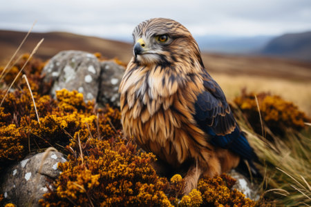 Common buzzard (Buteo buteo) perched on a rock in Scotland.の素材