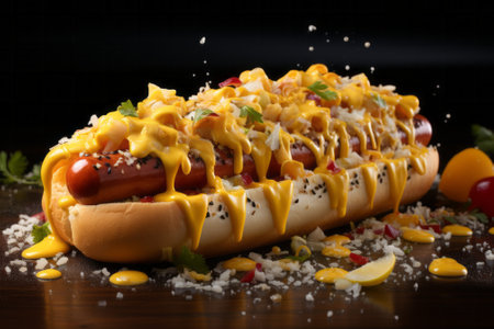 Hot dog with mustard, ketchup and mayonnaise on a black backgroundの素材