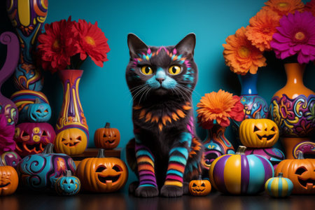 Halloween cat with pumpkins and flowers on a blue background.の素材