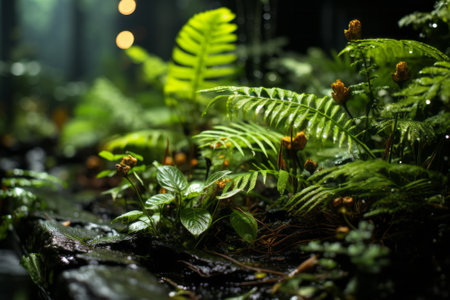 Beautiful ferns and leaves in the rainforest at nightの素材