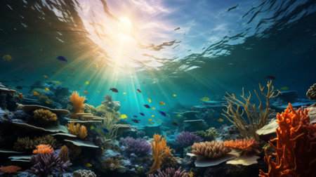 Underwater scene with corals and tropical fish. 3d renderの素材