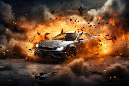 Car crash into the ground with flames and smoke. 3d renderingの素材