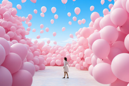 Woman standing in front of pink balloons and blue sky. 3d renderingの素材