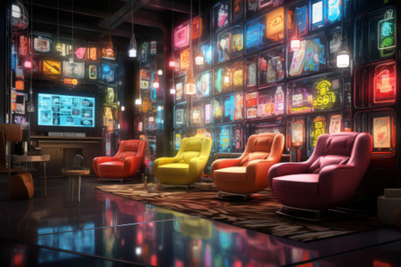 3D rendering of a night club interior with colorful armchairs.の素材