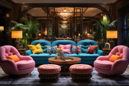 Luxury interior design of living room with blue and pink armchairsの素材