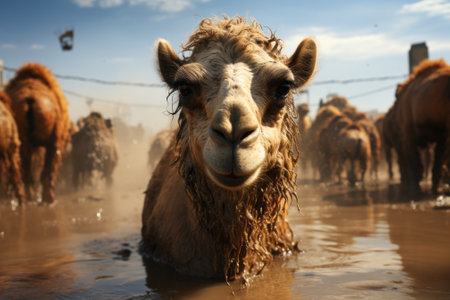 Camel in a muddy puddle on a hot summer day.の素材